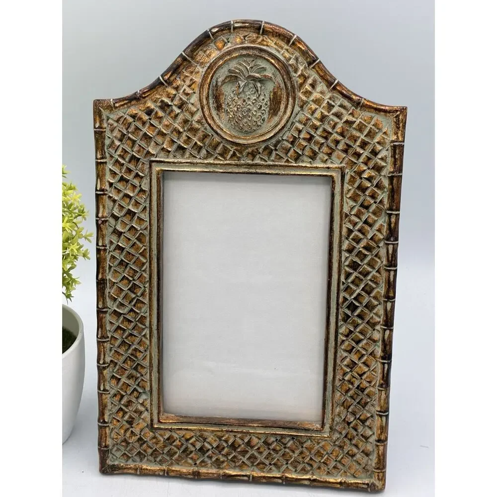 Hand Painted Pineapple Medallion Picture Frame, Arched Gold 4x6 Photo